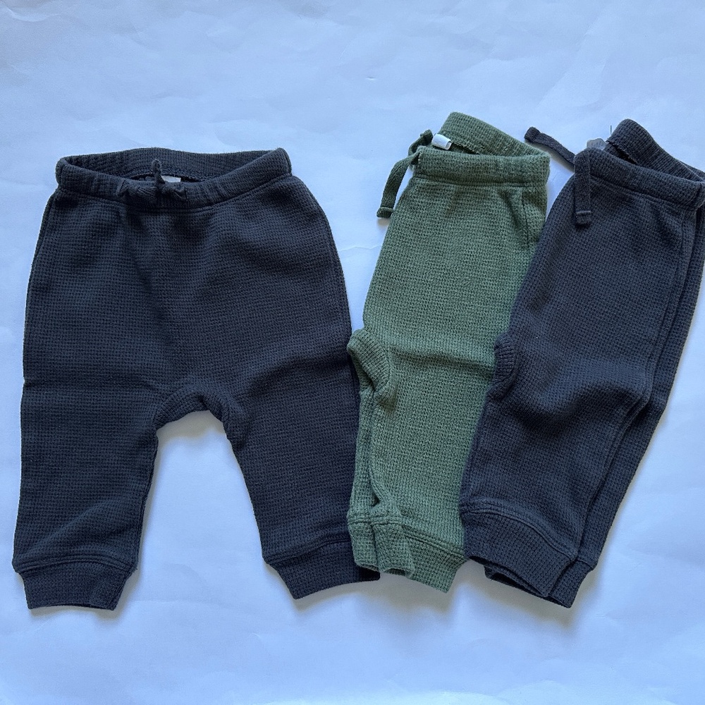 Bundle of 3 Baby Boy Pants Grey Green Size 3M Waffle Knit Jumping Beans